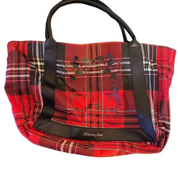 Victoria's Secret Handbags - Victoria Secret Red black plaid tote bag purse